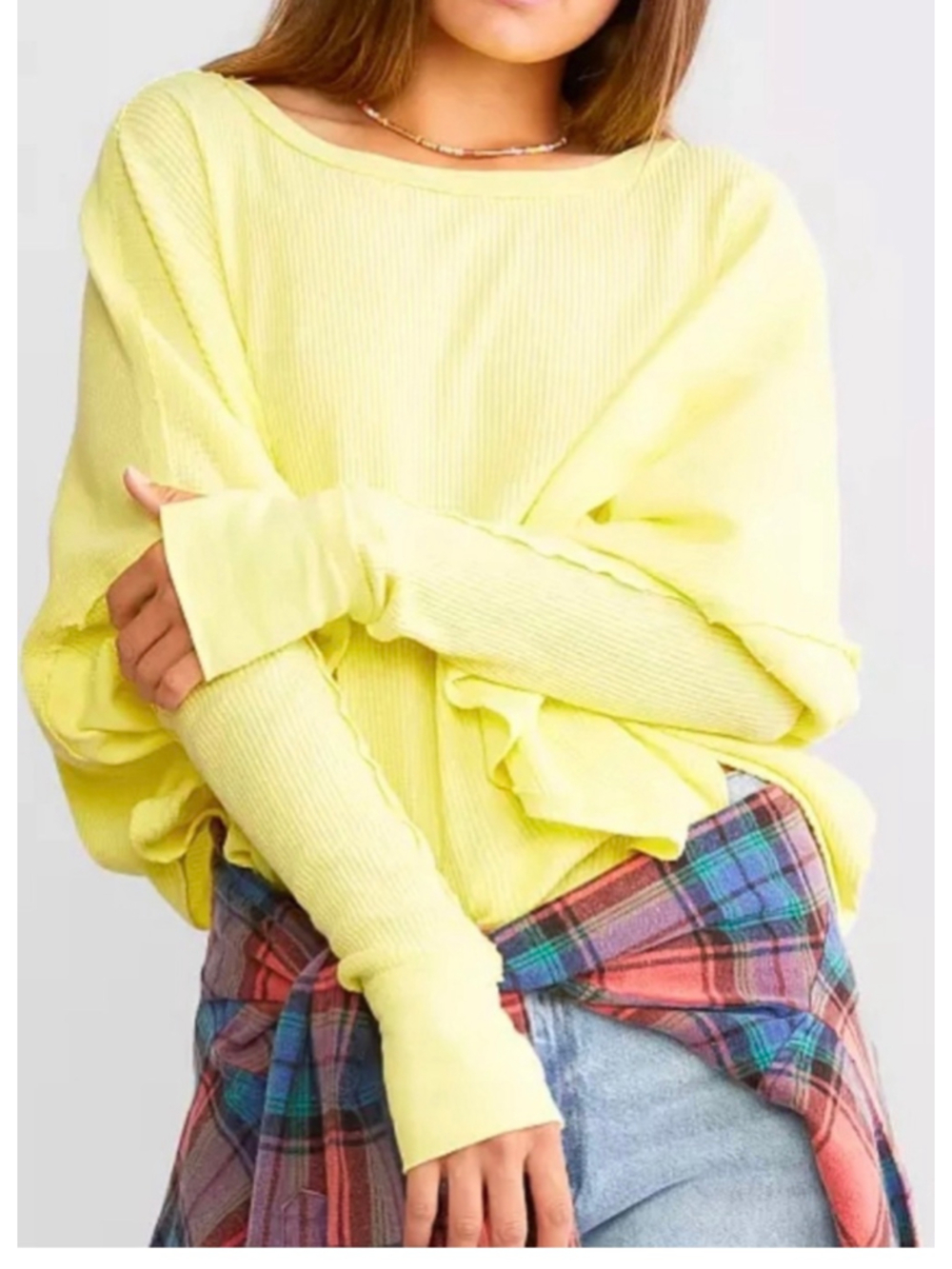 Women's Free People Long Sleeve microphone drop Waffle Knit, bright lemongrass